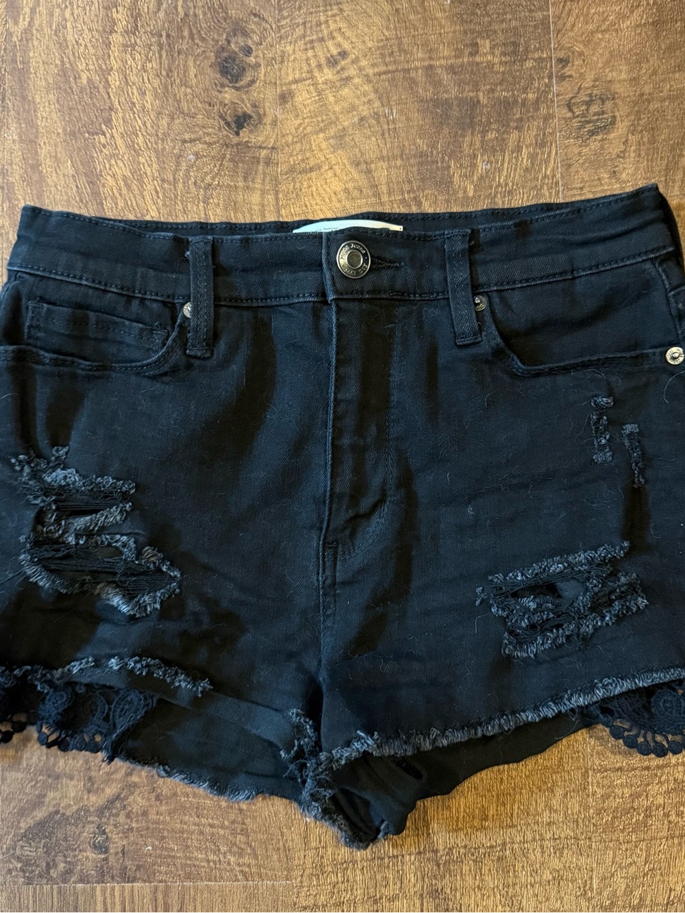 Mudd Black Distressed Lace-Trim Jean Shorts